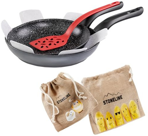 STONELINE Lot de 6 poêles avec poignée magnétique - 24/28 cm - Poêle à revêtement anti-adhésif avec véritables particules de pierre - Compatible avec les plaques à induction - Convient pour tous les