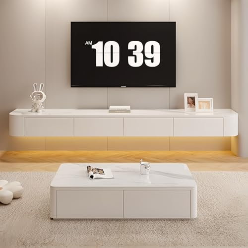 Ecoxsnz Floating TV Unit with Flip-Down Doors, 200 CM Wall Mounted TV Stand With Drawers, Floating TV Media Cabinet With Storage for Living Room & Bedroom (White Texture, 200cm)
