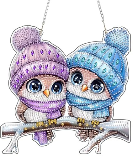 NEWENMO 5D Zwei Eulen Diamond Painting Anhänger Fensterbilder Diamond Art | Süße Tiere Diamond Painting Anhänger Set,DIY Crystal Art Kit mit Kette,Hängendes Diamant Ornament für Fenster & Garten