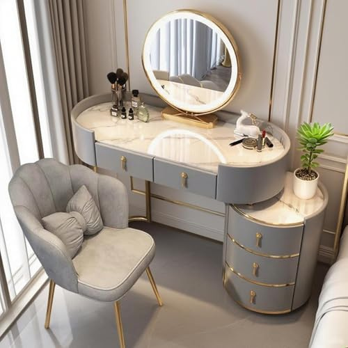 Vofikoli Tocador con iluminación y silla, mesa de maquillaje con espejo inteligente tricolor, mesa de cosméticos con 5 cajones, mesa de maquillaje para dormitorio moderno (Gris, 100CM+A)