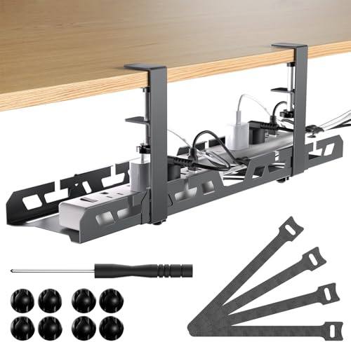 Bandeja Organizador de Cables Escritorio Extensible (39-66cm) - Gestión de Cables Bajo Mesa Sin Agujeros, Soporte Metálico Telescópico para Regletas y Oficina, Recoge Cables Escritorio - Negro