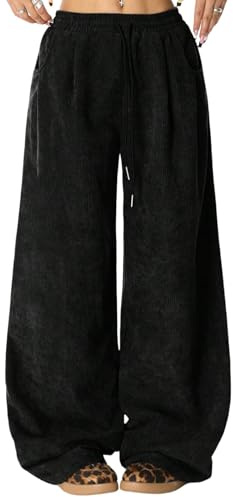 Hose Damen Cordhose Elastische Taille Hosen Weites Bein Freizeithose Elastisch Hohe Hosen Bequeme Stoffhose Locker Palazzo Hose Hohe Taille Locker Sweatpants mit Taschen Herbst Winter Hose
