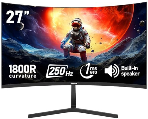 Gawfolk 27 Inch PC computer screen,1800R Curved Gaming 250Hz Monitors, FHD 1080p 1ms, Freesync, 98% sRGB,Built-in speaker, HDMI2.0、DisplayPort, Compatible with Wall-Mounted 100 * 100MM - Black