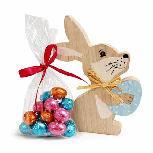 OTHERWISETRIVIAL Coniglio Decorativo in Legno 14 cm con Ovetti di Cioccolato Assortiti 100g, Set Regalo Pasquale (AZZURRO)