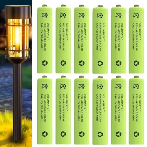 Soluminate Rechargeable AAA Solar Light Batteries (600mAh) for Outdoor Garden Solar Lights, Pathway Light, Lawn Lights, Patio and Decking Lights and Solar String Lights. 1.2V NiMH Technology (12-Pack)