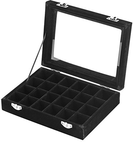 LANTWOO 24 Raster Samt Glas Ringe Ohrringe Schmuck Box Ohrringe Organizer Aufbewahrung Halter Display Etui 2 Verschlüsse Schwarz