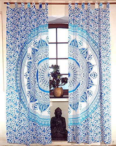 GURU SHOP Boho Vorhänge, Gardine (1 Paar) mit Schlaufen, Handbedruckter Ethno Style Vorhang, Mandala Motiv - Weiß/türkis, Baumwolle, 215x100x0 cm