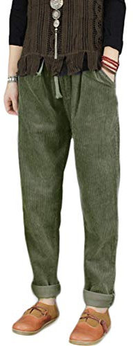 FTCayanz Women's Corduroy Cotton Trousers Elastic Waist Casual Pants Trousers Army Green X-Large