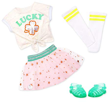 Glitter Girls Puppenkleidung 36 cm Puppen Kleeblatt Outfit – Oberteil, Tüllrock, Kniestrümpfe und Schuhe – Zubehör für Puppen, Spielzeug ab 3 Jahren