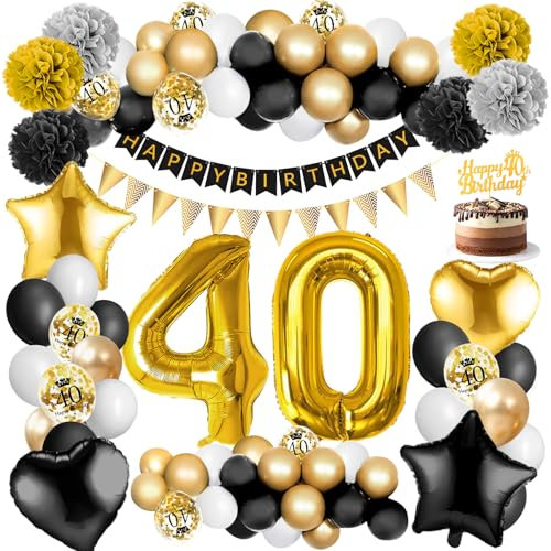 Amteker 40 Geburtstag Männer Frauen Deko, 40. Geburtstag Männer Frauen Luftballons , Konfetti Luftballons Schwarz Gold Deko 40 Geburtsta , 40 Happy Birthday Deko
