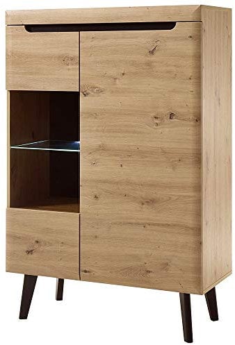 Lomadox Highboard Vitrinenschrank im skandinavischen Design, Eiche Artisan mit Absetzung Schwarz, inkl. LED-Beleuchtung, MDF-Fronten, Massivholzfüße, B/H/T: 90/134/40cm