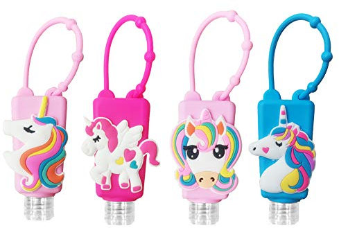 Einhorn-Kinder-Reiseflasche, leer, 4 Stück, Händedesinfektionsmittel-Halter mit Silikonhülle, auslaufsicher, nachfüllbar, Reisebehälter, für Flüssigseife und Lotion, für den täglichen Gebrauch