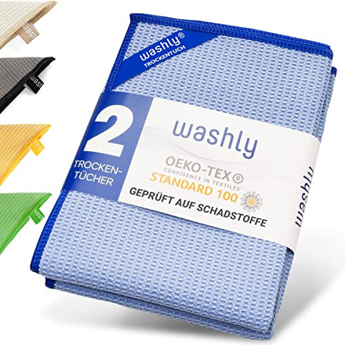 washly Mikrofaser Trockentuch in Spitzenqualität mit Oeko-TEX Siegel (2 Stück 40x60 cm blau) streifenfrei & fusselfrei Fenster putzen mit dem Premium Waffeltuch speziell für Küche, Bad und Haushalt