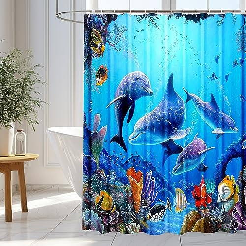 WOWTOY Shower Curtain with 12 Hooks, Waterproof Polyester Fabric Bathroom Bathtub Shower Curtain Liner, Weighted Hem, Washable, Quick Dry (180 x 200cm, Ocean 03)