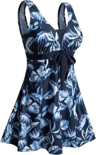 Ecupper Maillot de Bain Une Pieces pour Femme Rétro Jupe avec Volantée Contrôle du Ventre Push Up Col en V