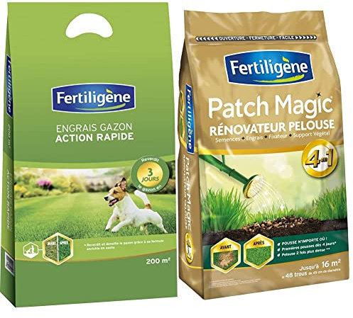 Fertiligene Engrais Gazon Action Rapide 3 Jours, 7kg, 200m² & Patch Magic Renovateur Gazon 4 en 1 Sac 3,6 kg