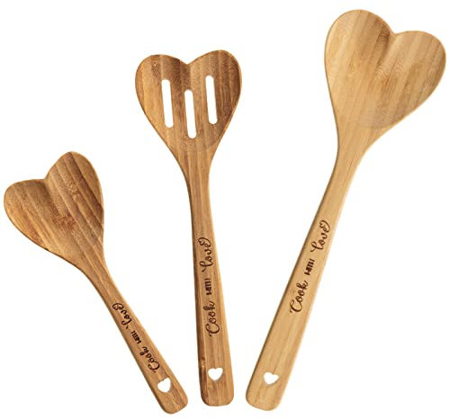 3 Pcs Valentine‘s Day Bamboo Heart Shaped Spoons Kitchenware Engraved Bamboo Wooden Spoons for Kitchen Gifts Serving Stirring Baking Mom Wife Weddings Kitchen Hostess