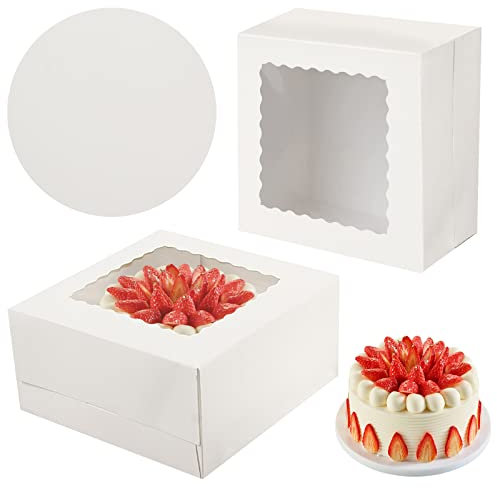 AINIUNIU 2 Stück Tortenschachtel mit Tortenbrett, 26 x 26 x 13 cm Weiß Tortenkarton Kuchenbehälter Tortenschachtel Dessert Box, Karton Tortenbox mit Sichtfenster für Geburtstag Dessert