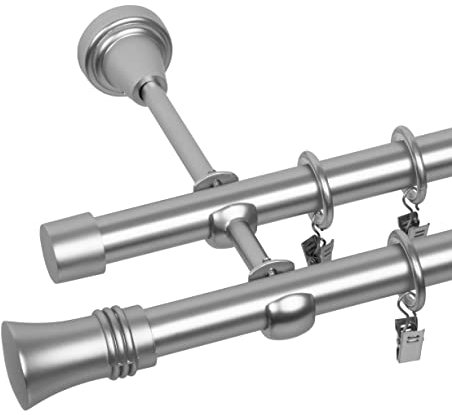 RENA Gardinenstange 19/19 mm Vorhangstange 2-läufig| Metall Elegante klassische Gardinenstange mit geräuscharmen Rollen | Inklusive Montagezubehörset | Chrom Matt 220cm |Prince
