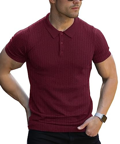Lehmanlin Muskel-Poloshirts für Herren Kurzarm Stretch Slim Fit Baumwolle Golf T-Shirt (Rot/S)
