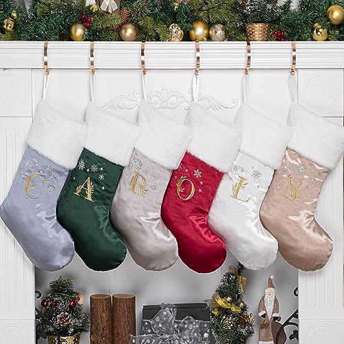GEX Initial Christmas Stockings Monogrammed with Letters Personalized 20 Inch Large for Family Embroidery Silk Satin with Soft Faux Fur Christmas Ornament Tree Decorations (Gold, Letter J)