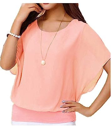 Yommay Chemisiers d'été élégants et décontractés en mousseline de soie pour femme T-shirts à manches courtes, rose clair, M