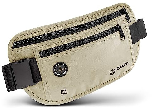 praxxim Die Bauchtasche zum Reisen - DIEBSTAHLSICHER mit RFID Schutz - Extra Flache Bauchtasche unter Kleidung tragbar - Hüfttasche - Reisebauchtasche - Geldgürtel für Damen und Herren - beige