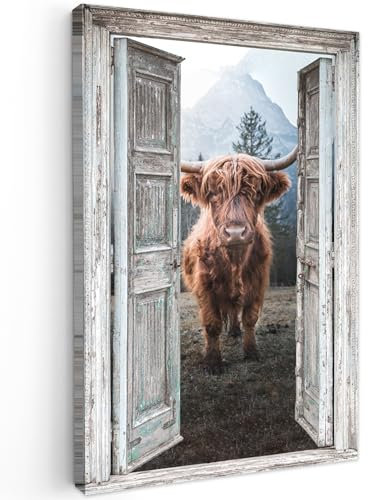 MuchoWow© Bilder Groß 80x120 cm XXL Wohnzimmer Deko Modern Wandbild Foto auf Leinwand Bild Schlafzimmer Room Decor Geschenke Schottische Highlander - Kuh - Landleben - Fensterblick