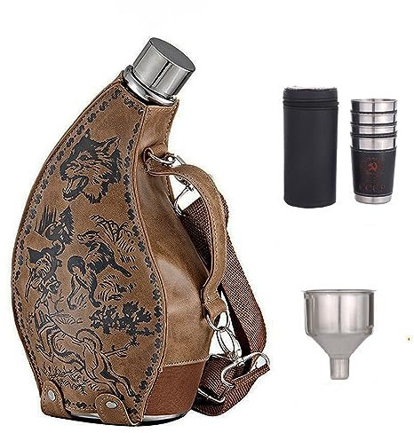 Tragbare Flachmänner Set Edelstahl Whiskey Flachmann Hornform Großes Fassungsvermögen Flachmann mit Abnehmbarem Holster, Trichter, 70ml Becher,Wolf