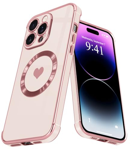 L-FADNUT Coque pour iPhone 15 Pro Max Anneau Magnétique Intégré Rose | Motif Cœur Silicone Galvanisé Antichoc Protection de l'objectif Améliorée