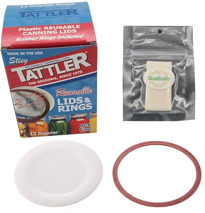 SUNIVALE Reusable Canning Lids Bundle Includes 12 Regular Mouth Tattler Lids and Rings and 12 Dissolvable Jar Labels For Use With Hot Water Bath, Vacuum Sealer and Pressure Canning Methods Made in USA
