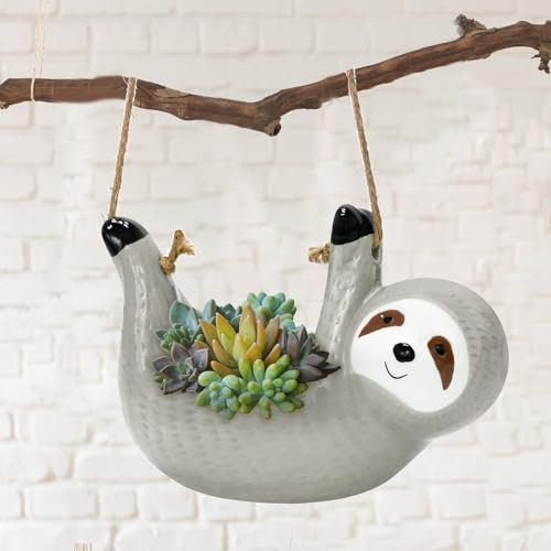 ALLOMN Faultier Hängender Pflanzgefäß, Garten Keramik Blumentopf Niedlicher Keramik Blumentopf Container für Sukkulenten Kaktus Hängender Übertopf für Innen- und Außenpflanzen Faultier Pflanzgefäße
