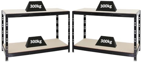 PROREGAL Mega Deal 2X Werkbank Tiger | 300 kg pro Fachboden | HxBxT 90x140x60cm | Schwarz | Höhenverstellbar Werktisch Arbeitstisch Steckmontage Packtisch