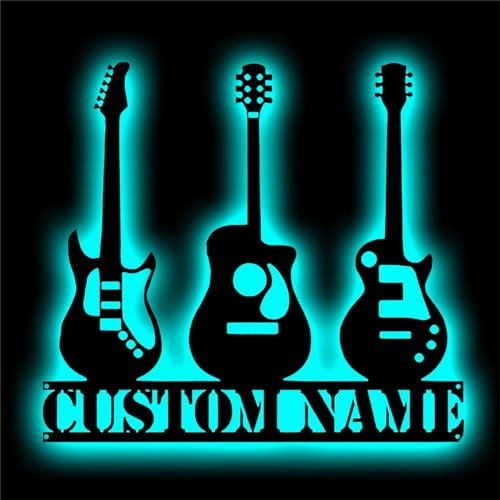 GGUIUIC Personalized Guitar Music Metal Wall Art Custom Guitar Player Name Sign with Led Lights Guitar Shape Neon Sign Rock and Roll Guitar Light up Sign Guitar Musician Gifts,Guitar Metal Sign-8