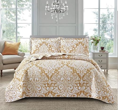 SHAZ HOME Classic Designers 3PCs Luxury Cotton Rich Duvet Cover Soft Bedding Set with Matching Pillow Covers (Royal Damask Gold, King)