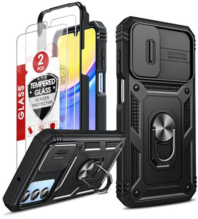 LeYi for Samsung Galaxy A15 4G/5G Case with Camera Cover Slider, 360 Full Body Armour Shockproof Phone Cover | 2 Pack Tempered Glass Screen Protector | Ring Stand Holder for Samsung Galaxy A 15 Black