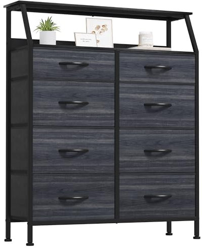 YITAHOME Kommode, Schrank, Aufbewahrungsschrank, 8 Schubladen aus Stoff mit Griffen, Aufbewahrungskommode, Schwarze Holzmaserung