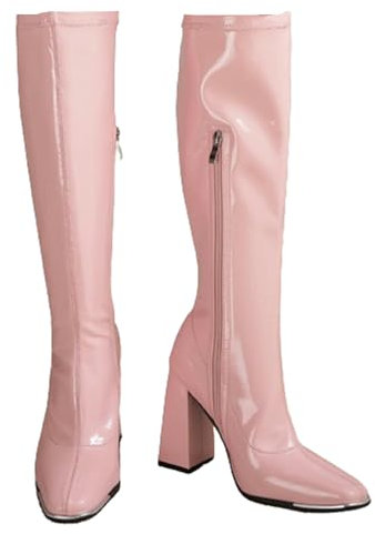 XZEIT Bottes Haut de Gamme Bottes de Femmes Bottes d'équitation Talons Hauts Toe carré Basique Faux Bright Cuir Cuir Long Boot Boot Talon Hauteur 10,5 cm,Rose,39
