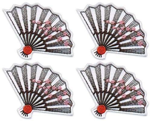 Set of Four - Japanese Fan with Cherry Blossom - Iron-on/Heat Seal Backing - Embroidered Patch/Badge/Emblem
