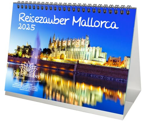 Reisezauber Mallorca DIN A5 Tischkalender für 2025 Palma Spanien - Set-Inhalt: 1x Kalender 1x Weihnachtsanhänger 1x Grußanhänger (gesamt 3 Teile)
