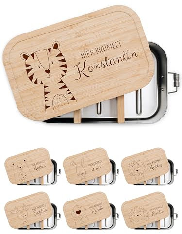 wunderwunsch® - Personalisierte Brotdose für Kinder - Robuste und Individuelle Edelstahl Brotdose mit Namen - Personalisierte Geschenke für Kinder (klein Edelstahl,Tiger)