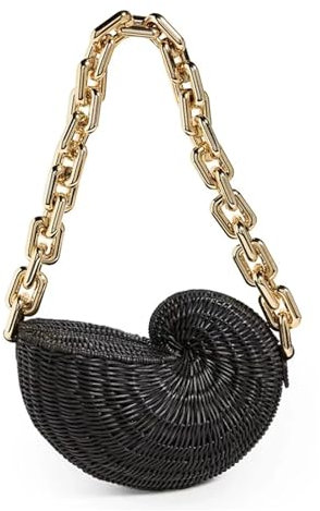 QYZXTH Sacs à main en rotin de conque, sacs en paille de coquillage for femmes, sac à bandoulière à chaînes épaisses, sac de créateur de plage tissé en osier, fourre-tout(Black)