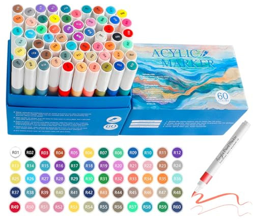 Polegas 60 Colours Acrylic Paint Pens, Acrylic Paint Markers Set, Paint Pen for Rock Painting, Stone, Ceramic, Wood, Metal, Fabric, Pebbles - Water Based Permanent Marker Paint Pens