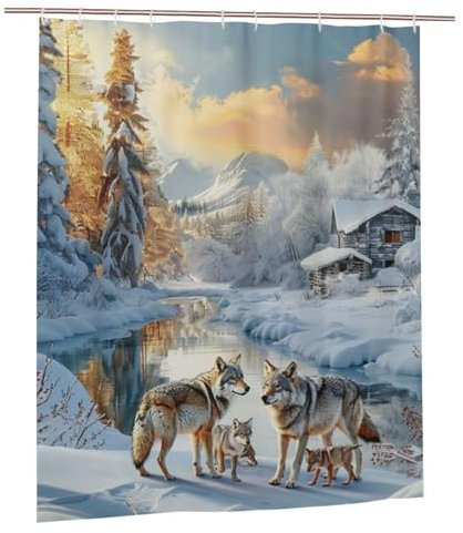 240x200 Duschvorhang Wolf Duschvorhänge Textil Waschbar mit 12 Plastik Duschvorhangringe, Polyester Duschvorhang mit Gewicht Unten, Home Zimmer Deko Bad Vorhang, Geschenke für Frauen, Schneeszene