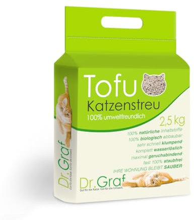 Dr. Graf Tofu Katzenstreu, 100% natürlich, Innovative Klumpstreu, geruchsfrei, komplett wasserlöslich, biologisch abbaubar, staubfrei,Extrem Saugfähig und schnell trocknend (Gewicht: 2,5KG)