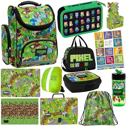Goldkids Schulranzen XXL Set 12 Teile ergonomischer Ranzen Federmappe Turnbeutel Malunterlage Aktentasche Brotdose Trinkflasche Aufgabenheft für die Grundschule Game Pixel Motiv