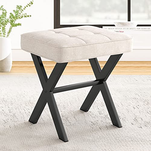 LUE BONA Fußhocker,Make-up Hocker mit X-Bein,Polsterhocker,Schminkhocker,Ottoman Sitz Fußstütze Hocker,Leinen Sitzhocker für Wohnzimmer,Schlafzimmer,43 x 33 x 46 cm,Leinen-Schwarze