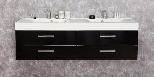 Quentis Badmöbel ARUVA Breite 160 cm, schwarz glänzend, Doppelwaschtisch mit Waschtischunterschrank montiert (160 cm - Doppel)