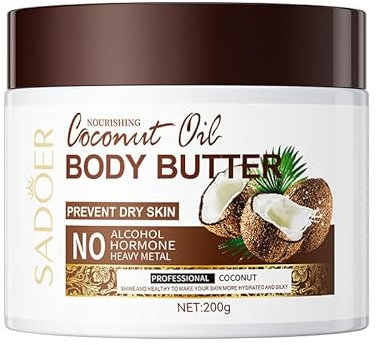 Kokos-Körperbutter für trockene Haut, 200 ml, feuchtigkeitsspendende Sheabutter-Creme, Hand- und Körperfeuchtigkeitscreme mit Bio-Kokosöl, pflegende und feuchtigkeitsspendende Hautpflege für trockene