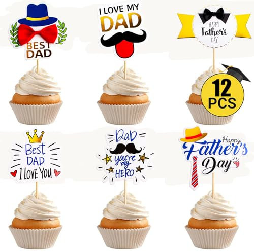 12Pcs Happy Father's Day Cupcake Toppers, Best Dad I Love You Fathers Day Decorations Cake Topper for Birthday Party Cake Supplies